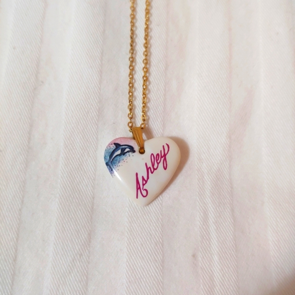 Heart Pendant Necklace with Dolphin Design and 'Ashley' Text